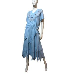Vintage Donna Toran Dress L Midi Fringe Celestial Western Cowgirl Asymmetric